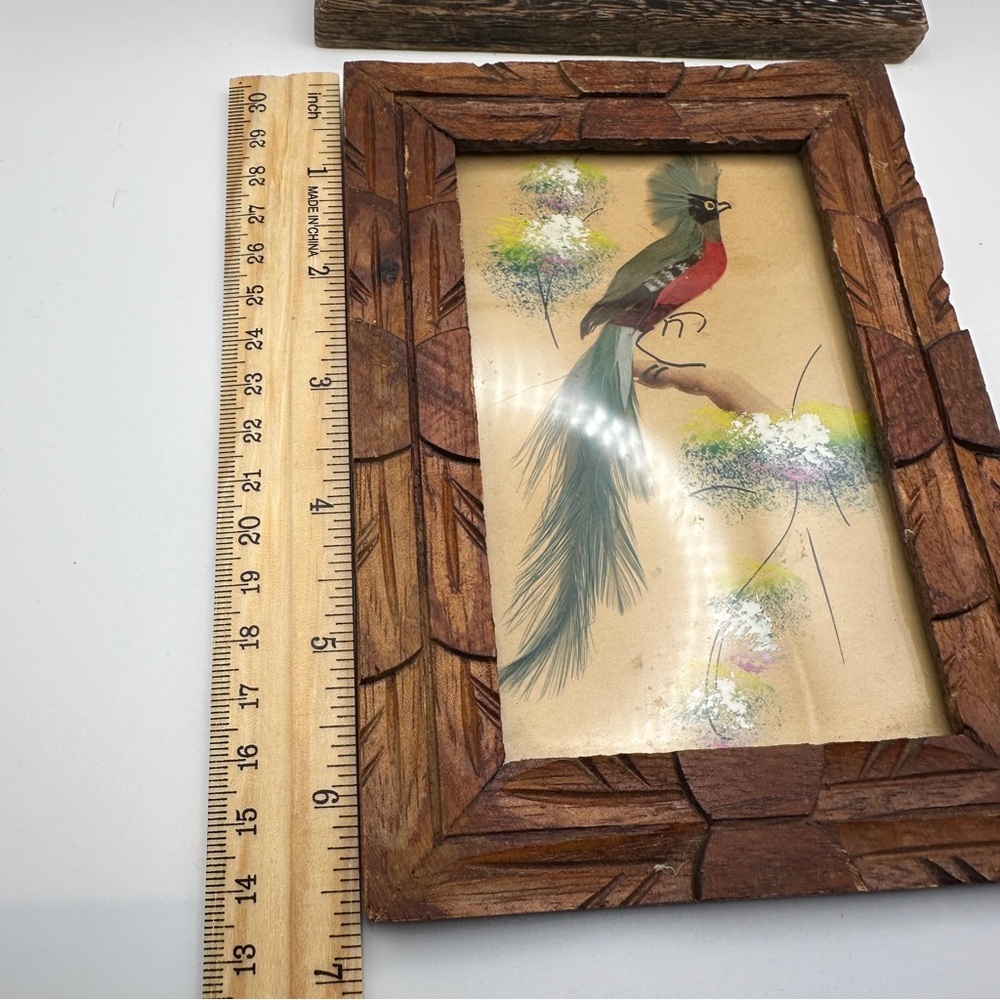 Vibrant Vintage Mexican Folk Art Feather Craft Blue Bird Picture Carved Frame - Picture 11 of 14
